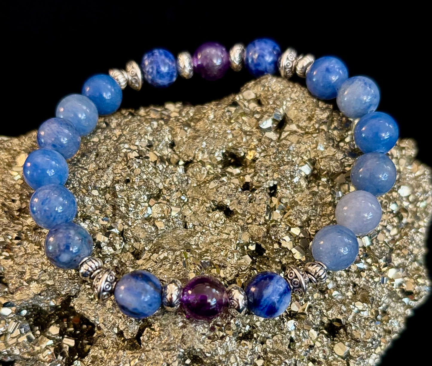 Pulsera de intención de apoyo para la ansiedad – Aventurina azul, sodalita y amatista | Piedras preciosas de 8mm