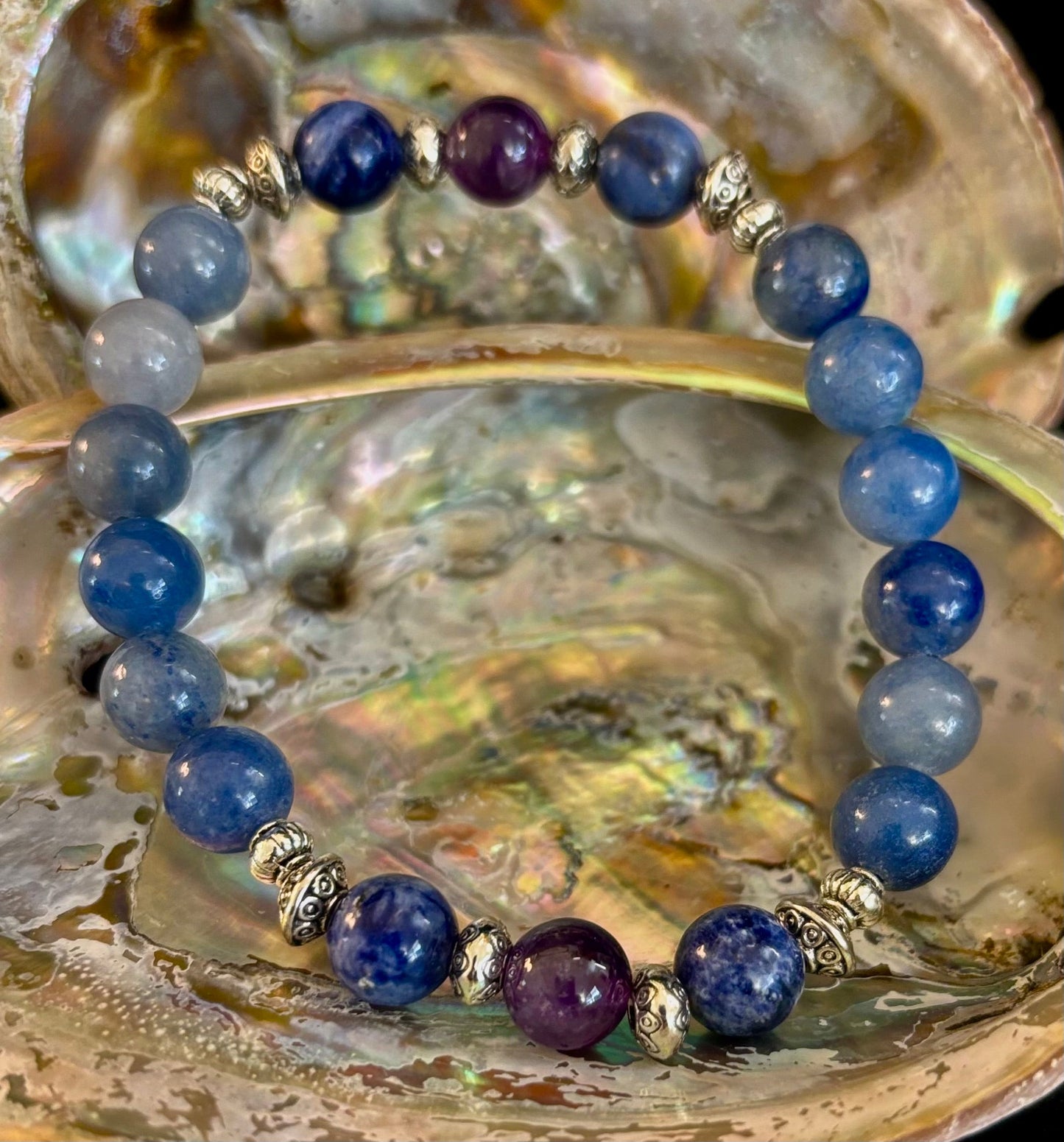 Pulsera de intención de apoyo para la ansiedad – Aventurina azul, sodalita y amatista | Piedras preciosas de 8mm