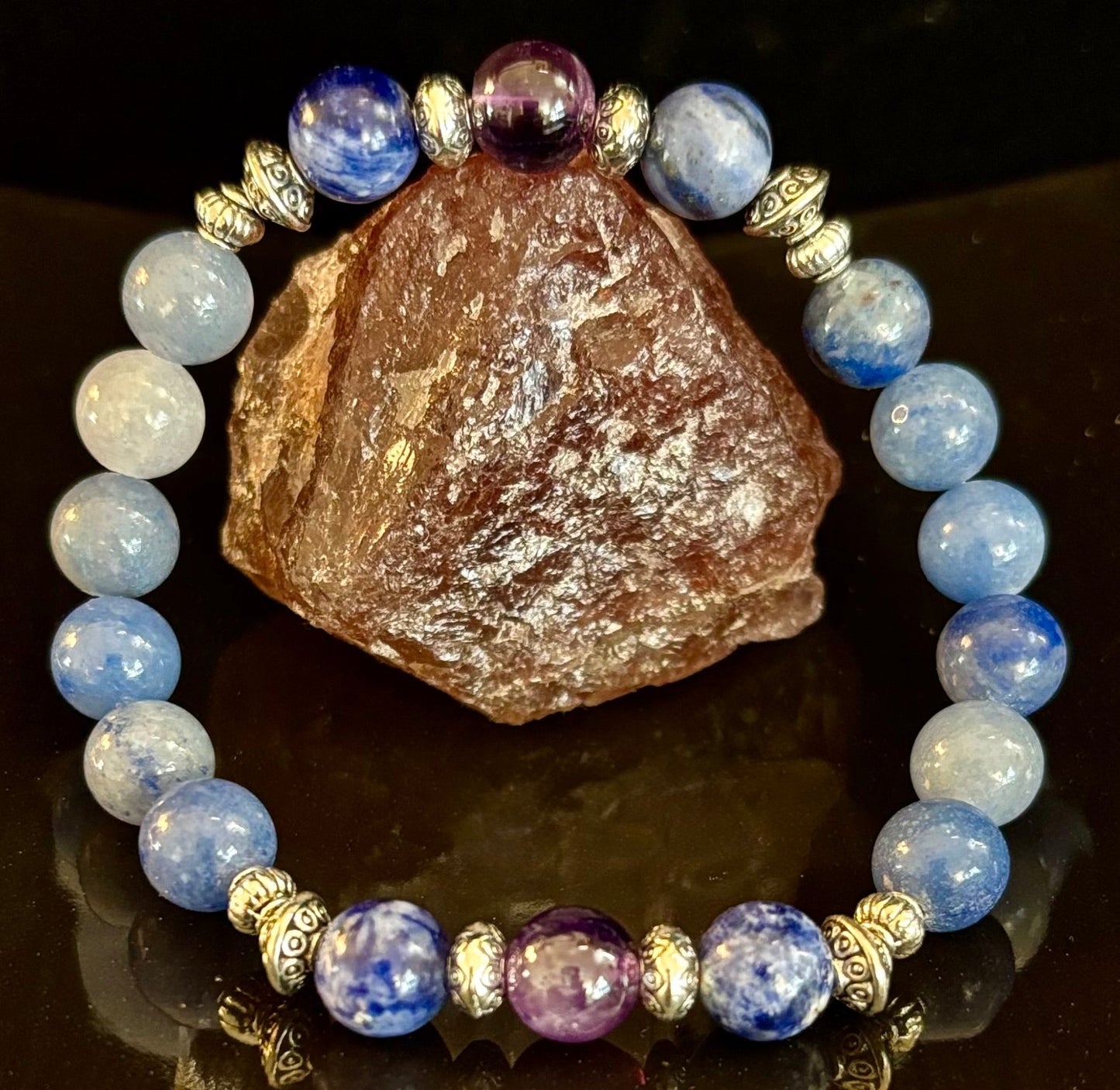 Pulsera de intención de apoyo para la ansiedad – Aventurina azul, sodalita y amatista | Piedras preciosas de 8mm