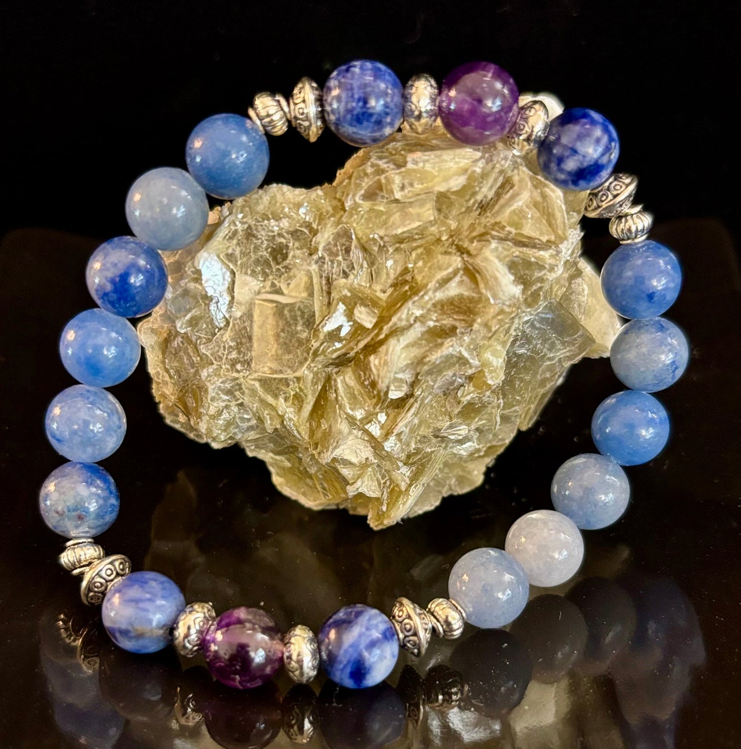 Pulsera de intención de apoyo para la ansiedad – Aventurina azul, sodalita y amatista | Piedras preciosas de 8mm