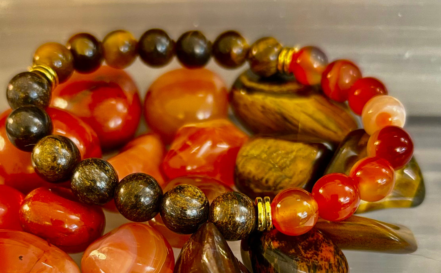 Pulsera con intención para apoyar la depresión – Ojo de Tigre Amarillo, Cornalina Veteada y Broncita | Gemas de 8mm