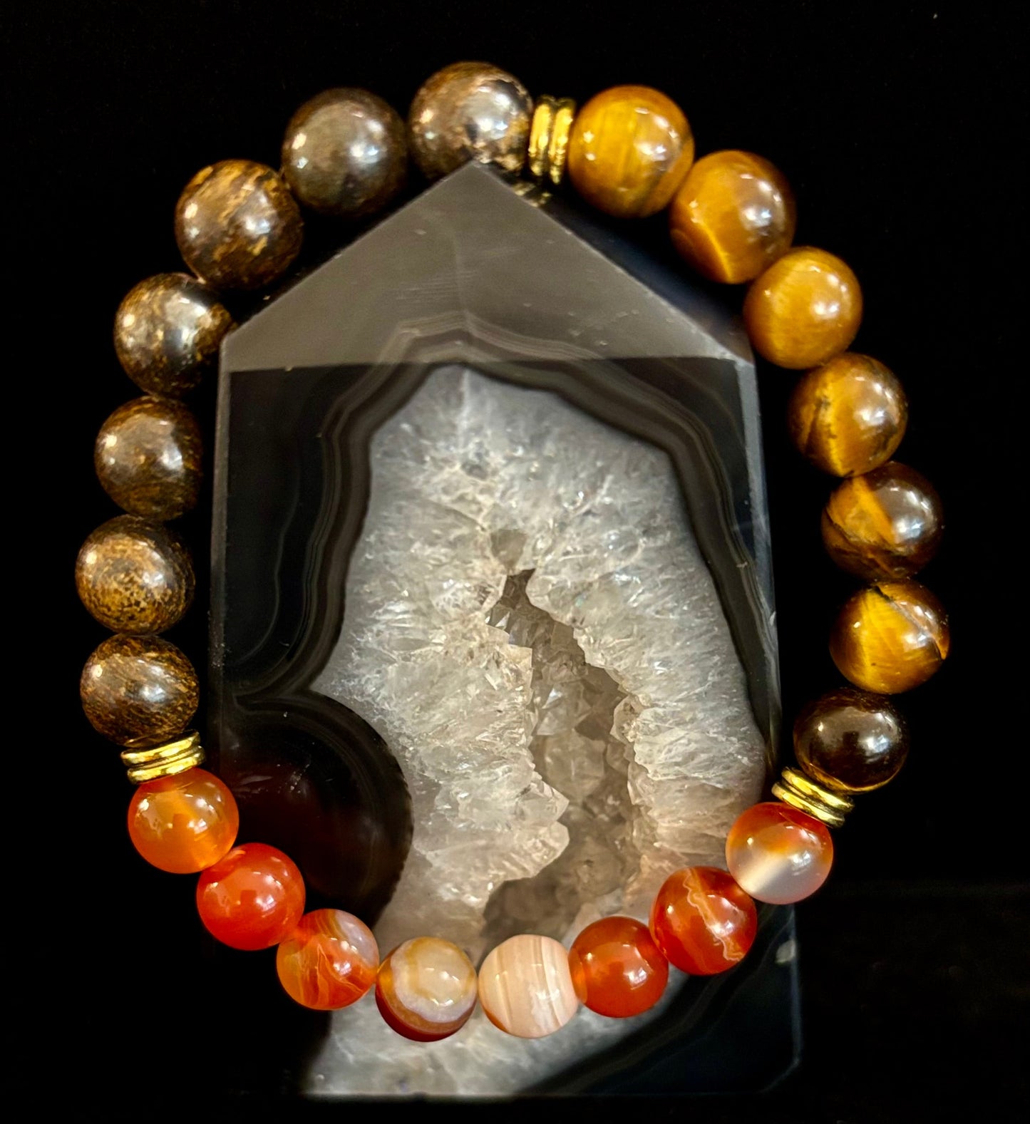 Pulsera con intención para apoyar la depresión – Ojo de Tigre Amarillo, Cornalina Veteada y Broncita | Gemas de 8mm
