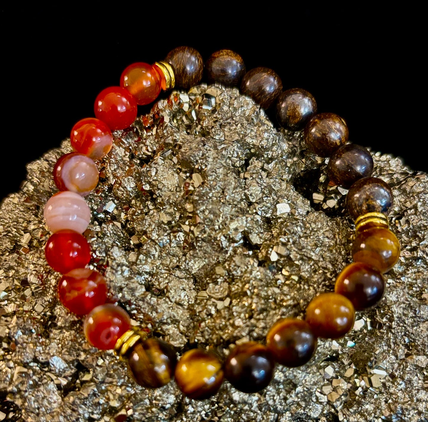 Pulsera con intención para apoyar la depresión – Ojo de Tigre Amarillo, Cornalina Veteada y Broncita | Gemas de 8mm