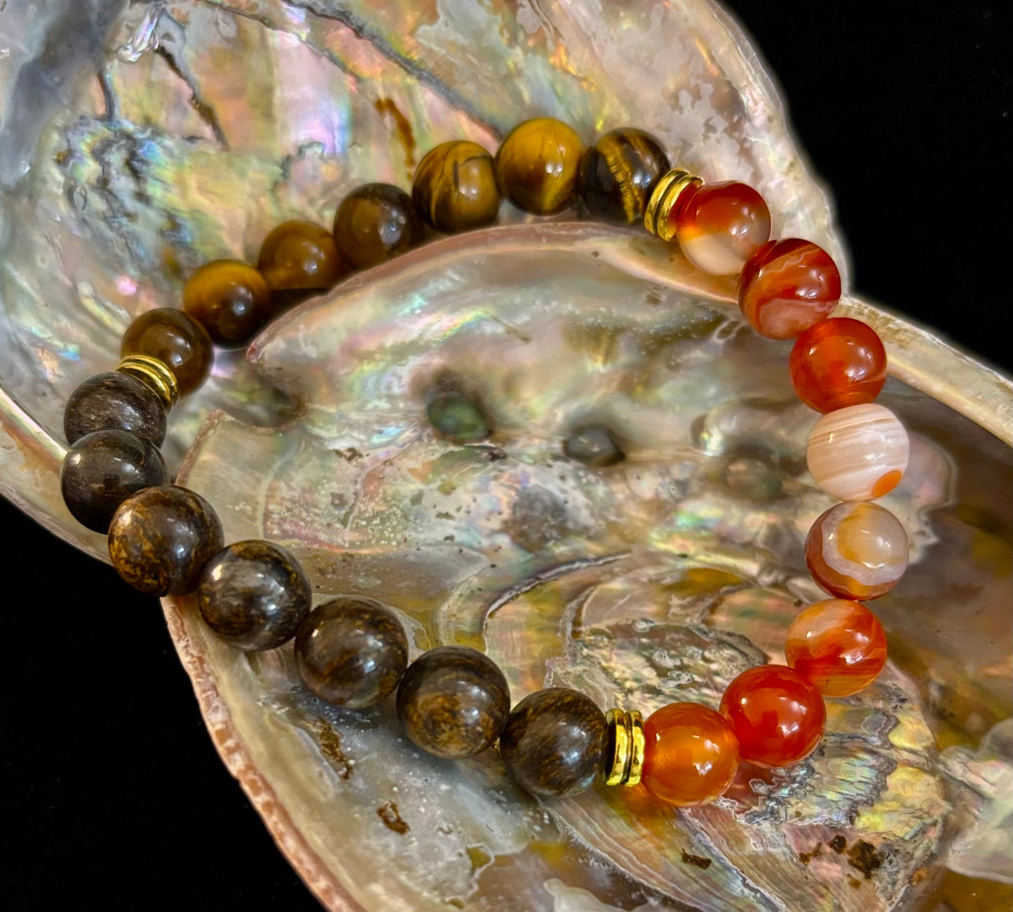 Pulsera con intención para apoyar la depresión – Ojo de Tigre Amarillo, Cornalina Veteada y Broncita | Gemas de 8mm