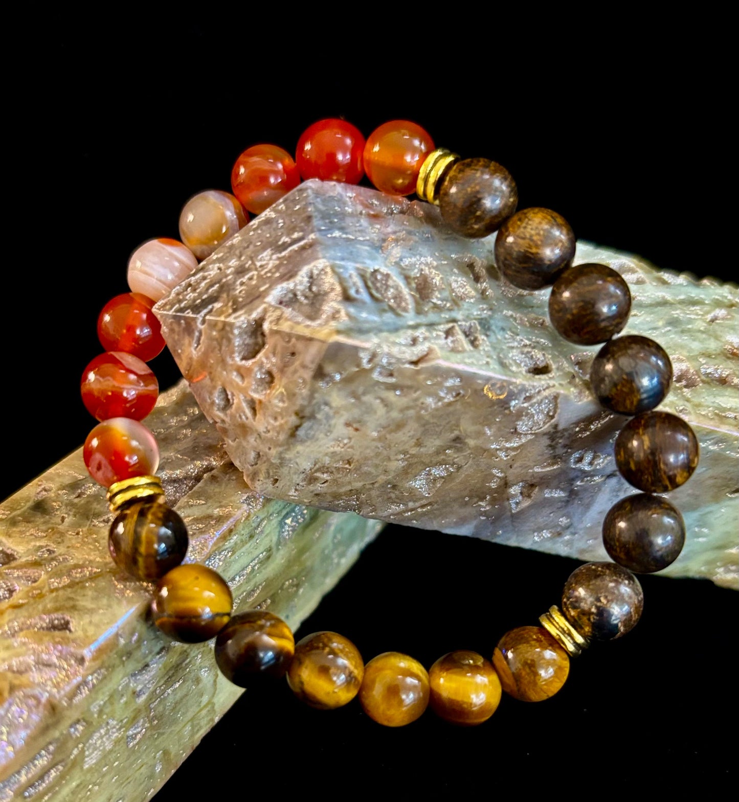 Pulsera con intención para apoyar la depresión – Ojo de Tigre Amarillo, Cornalina Veteada y Broncita | Gemas de 8mm
