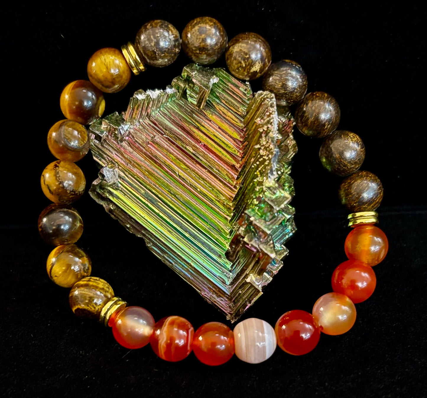 Pulsera con intención para apoyar la depresión – Ojo de Tigre Amarillo, Cornalina Veteada y Broncita | Gemas de 8mm