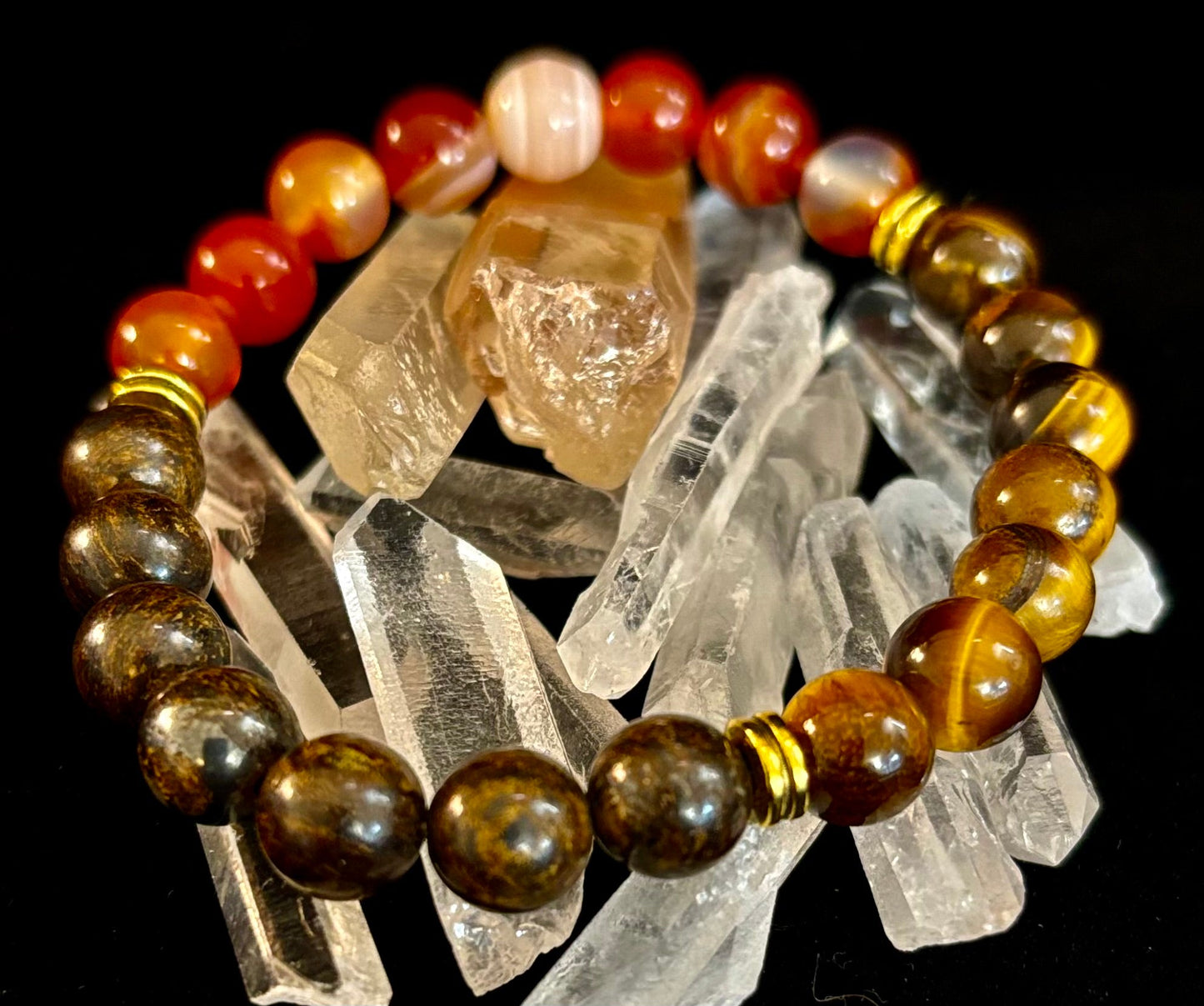 Pulsera con intención para apoyar la depresión – Ojo de Tigre Amarillo, Cornalina Veteada y Broncita | Gemas de 8mm