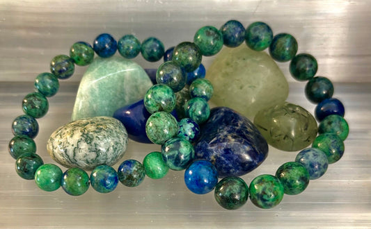 Pulsera elástica de azurita con cuentas – Opciones de 8 mm y 10 mm | Claridad espiritual y sanación profunda