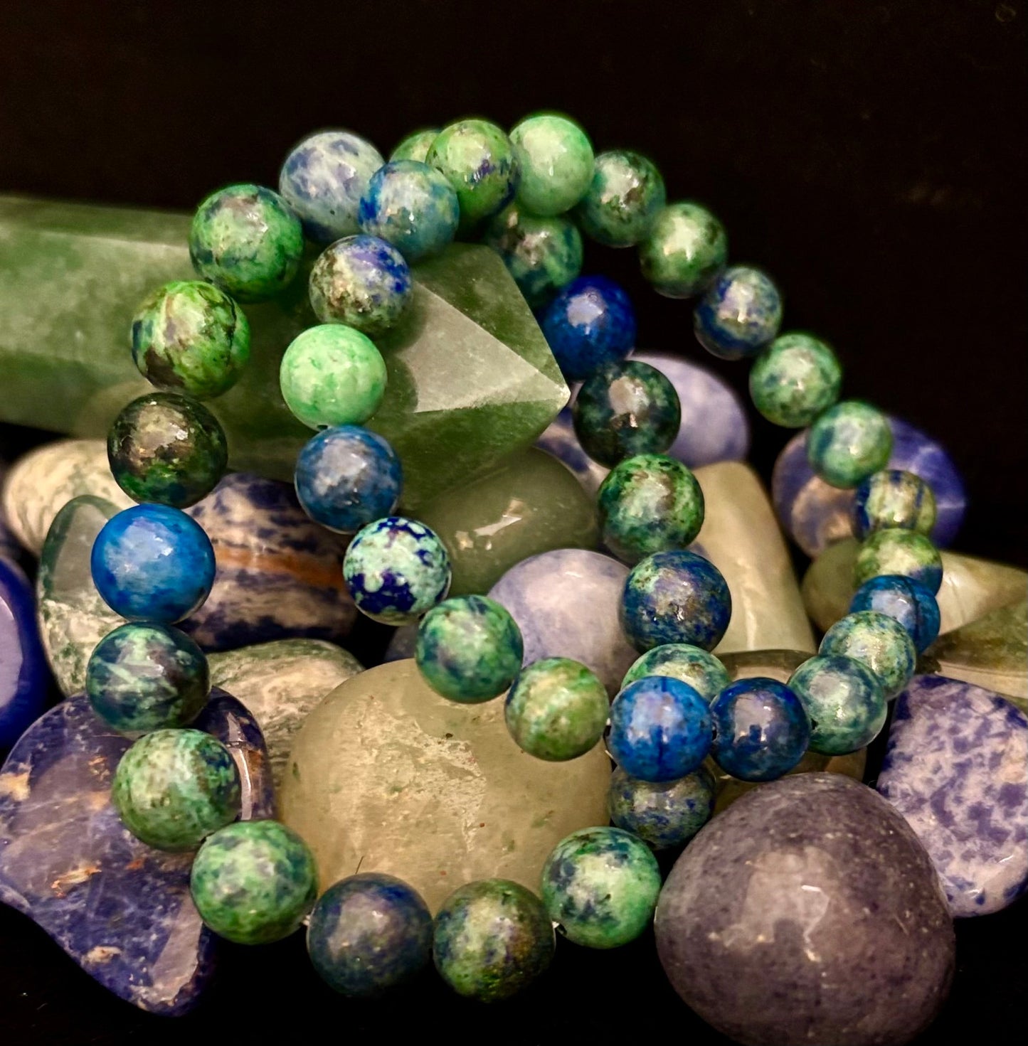 Pulsera elástica de azurita con cuentas – Opciones de 8 mm y 10 mm | Claridad espiritual y sanación profunda