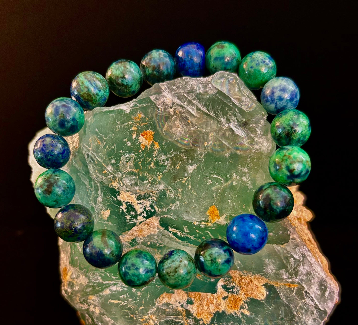 Pulsera elástica de azurita con cuentas – Opciones de 8 mm y 10 mm | Claridad espiritual y sanación profunda