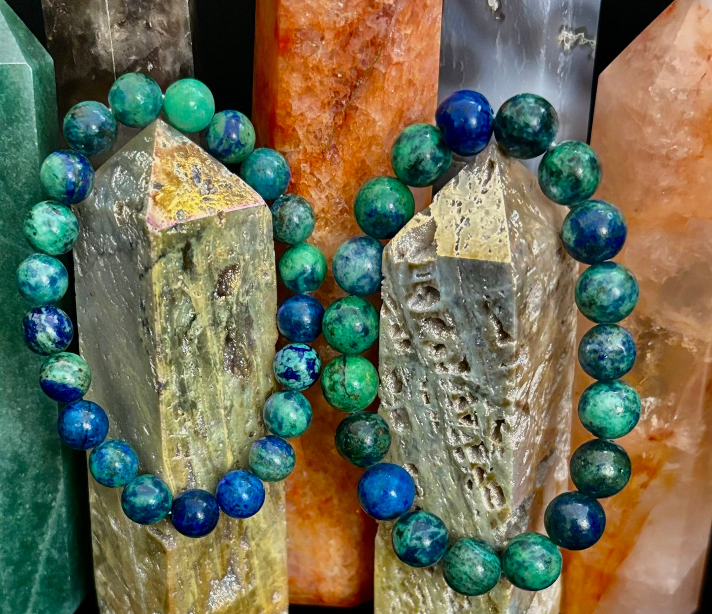 Pulsera elástica de azurita con cuentas – Opciones de 8 mm y 10 mm | Claridad espiritual y sanación profunda