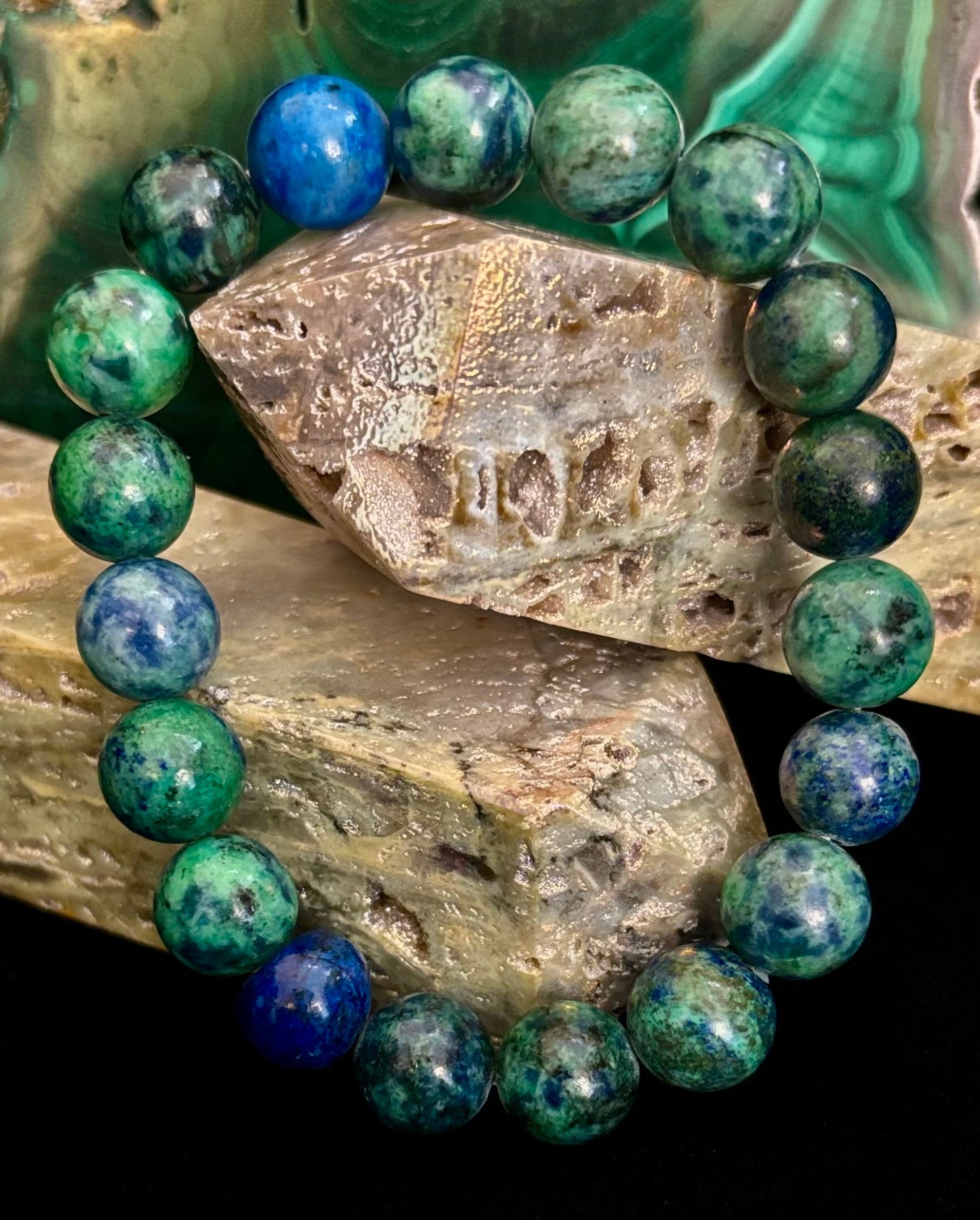 Pulsera elástica de azurita con cuentas – Opciones de 8 mm y 10 mm | Claridad espiritual y sanación profunda