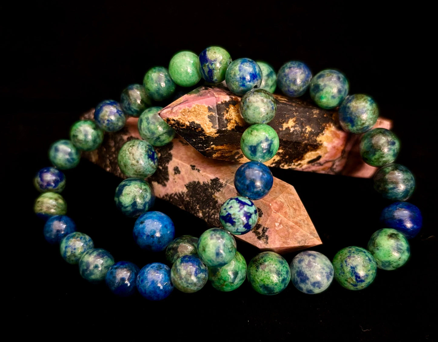 Pulsera elástica de azurita con cuentas – Opciones de 8 mm y 10 mm | Claridad espiritual y sanación profunda