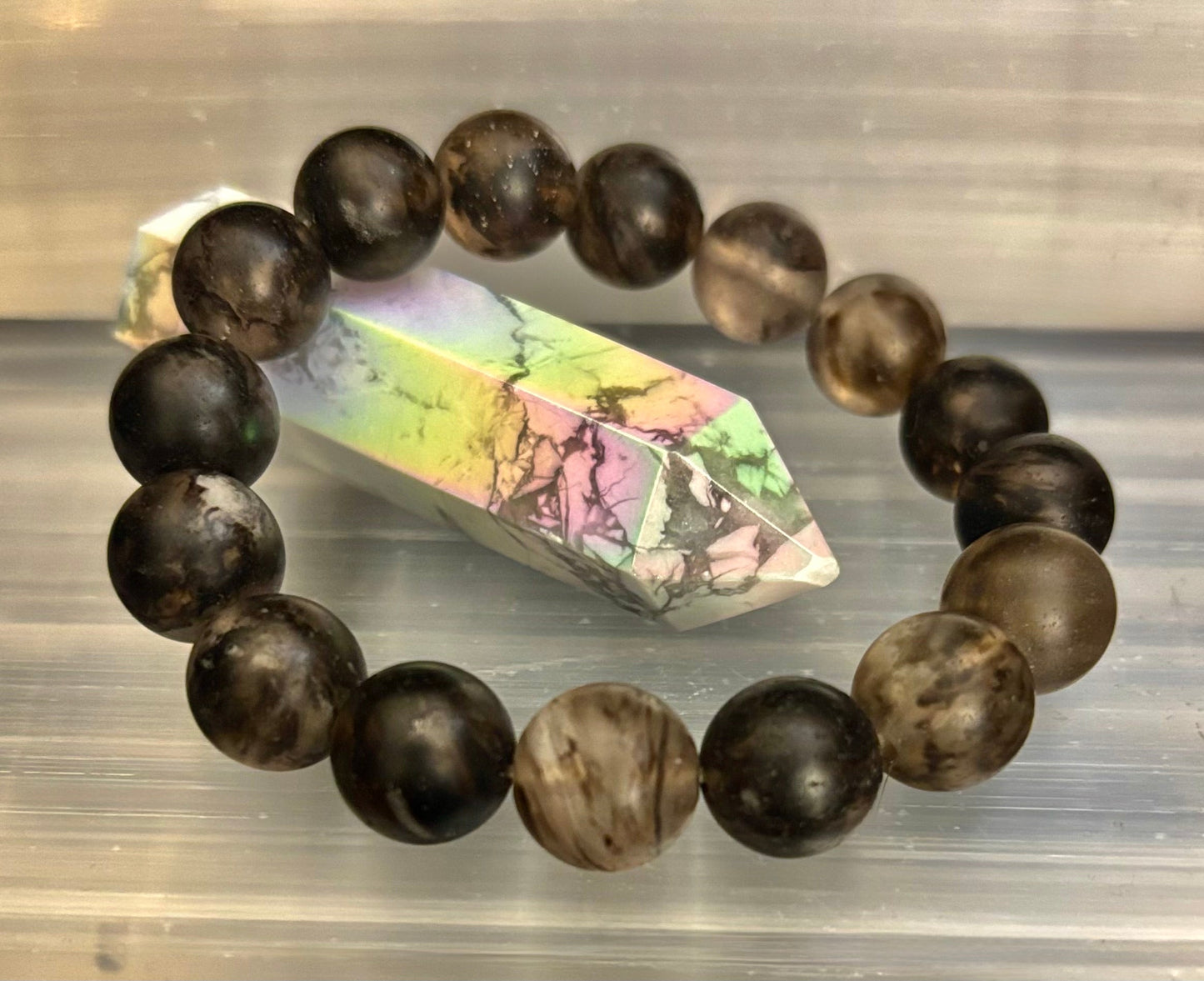 Pulsera elástica de piedra mate negra con sandía – Cuentas atrevidas de 12 mm | Energía de conexión a tierra y estilo audaz