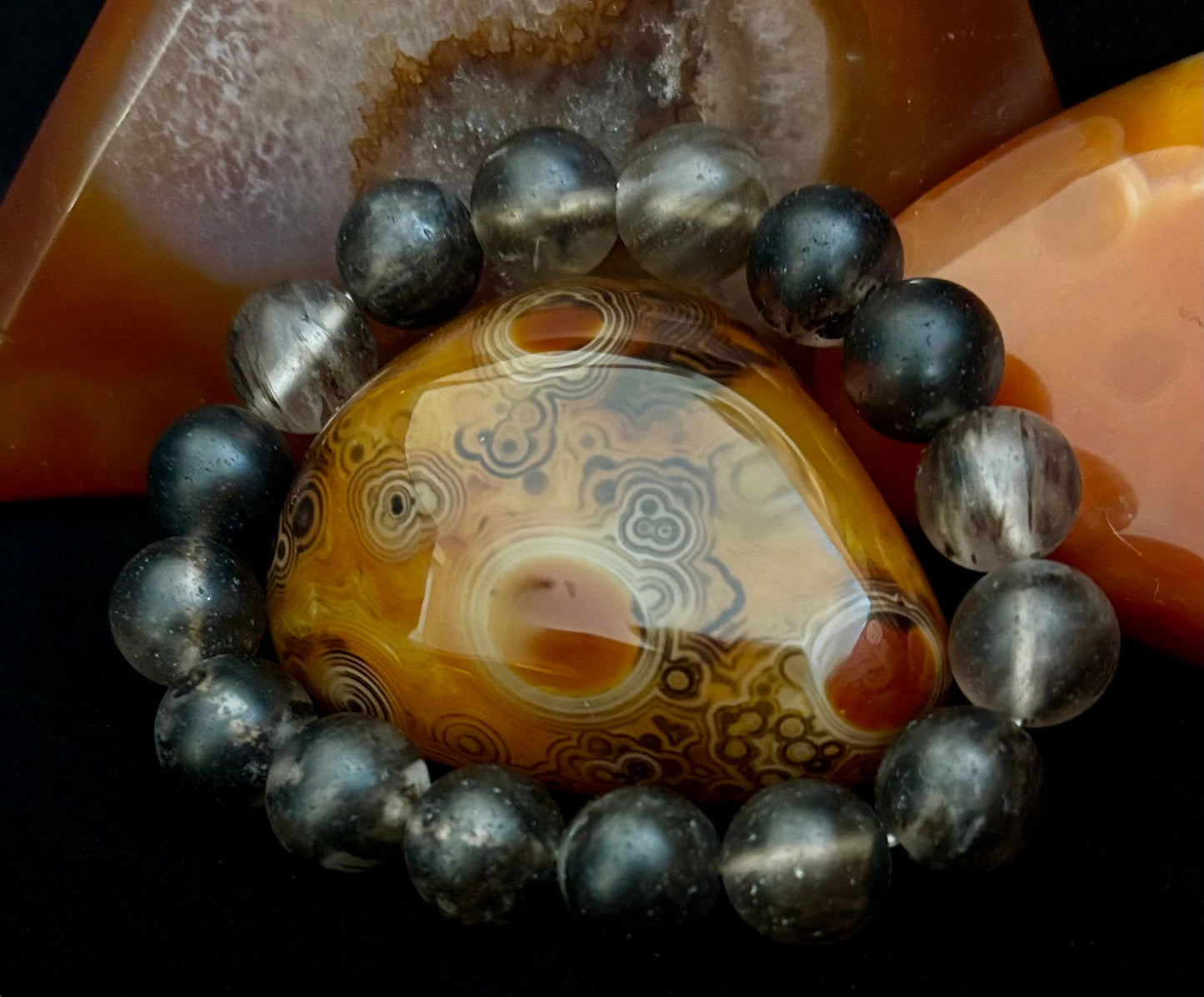 Pulsera elástica de piedra mate negra con sandía – Cuentas atrevidas de 12 mm | Energía de conexión a tierra y estilo audaz