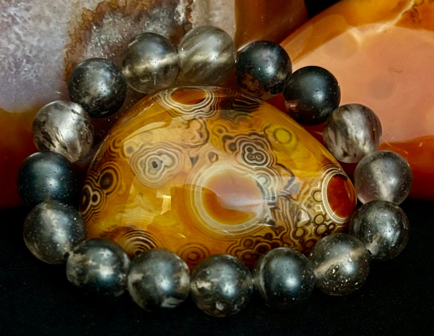 Pulsera elástica de piedra mate negra con sandía – Cuentas atrevidas de 12 mm | Energía de conexión a tierra y estilo audaz