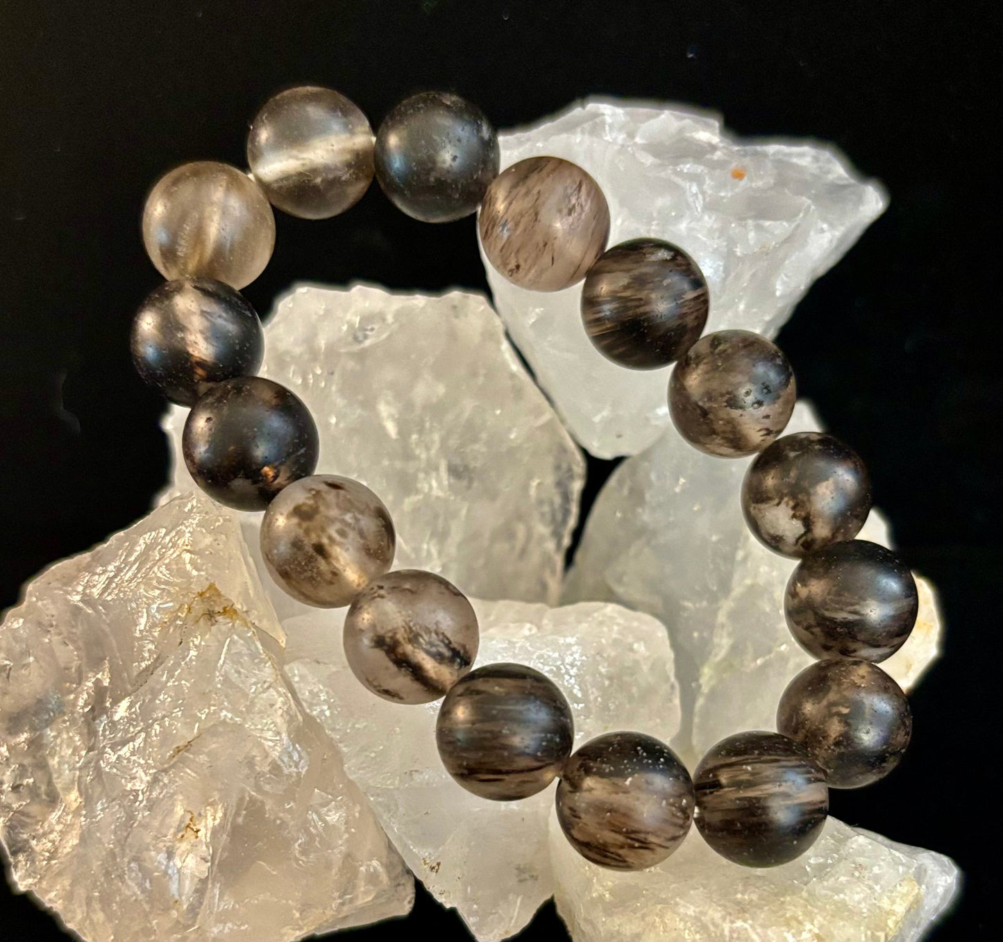 Pulsera elástica de piedra mate negra con sandía – Cuentas atrevidas de 12 mm | Energía de conexión a tierra y estilo audaz