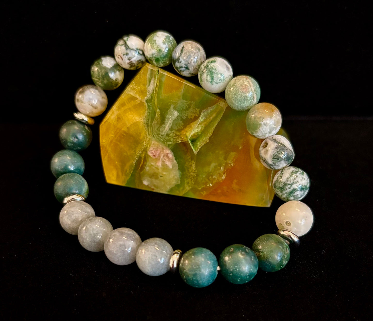 Pulsera de Ágata Árbol, Ágata Musgo y Jade Birmano – Energía Enraizada y Nuevos Comienzos