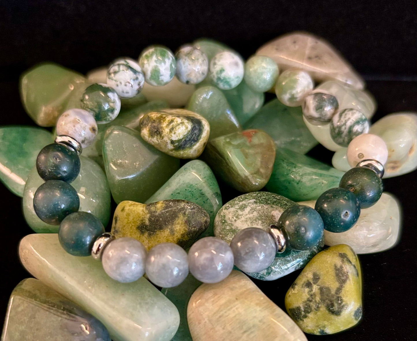 Pulsera de Ágata Árbol, Ágata Musgo y Jade Birmano – Energía Enraizada y Nuevos Comienzos