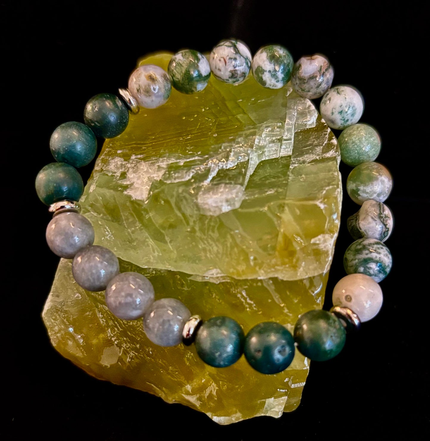Pulsera de Ágata Árbol, Ágata Musgo y Jade Birmano – Energía Enraizada y Nuevos Comienzos