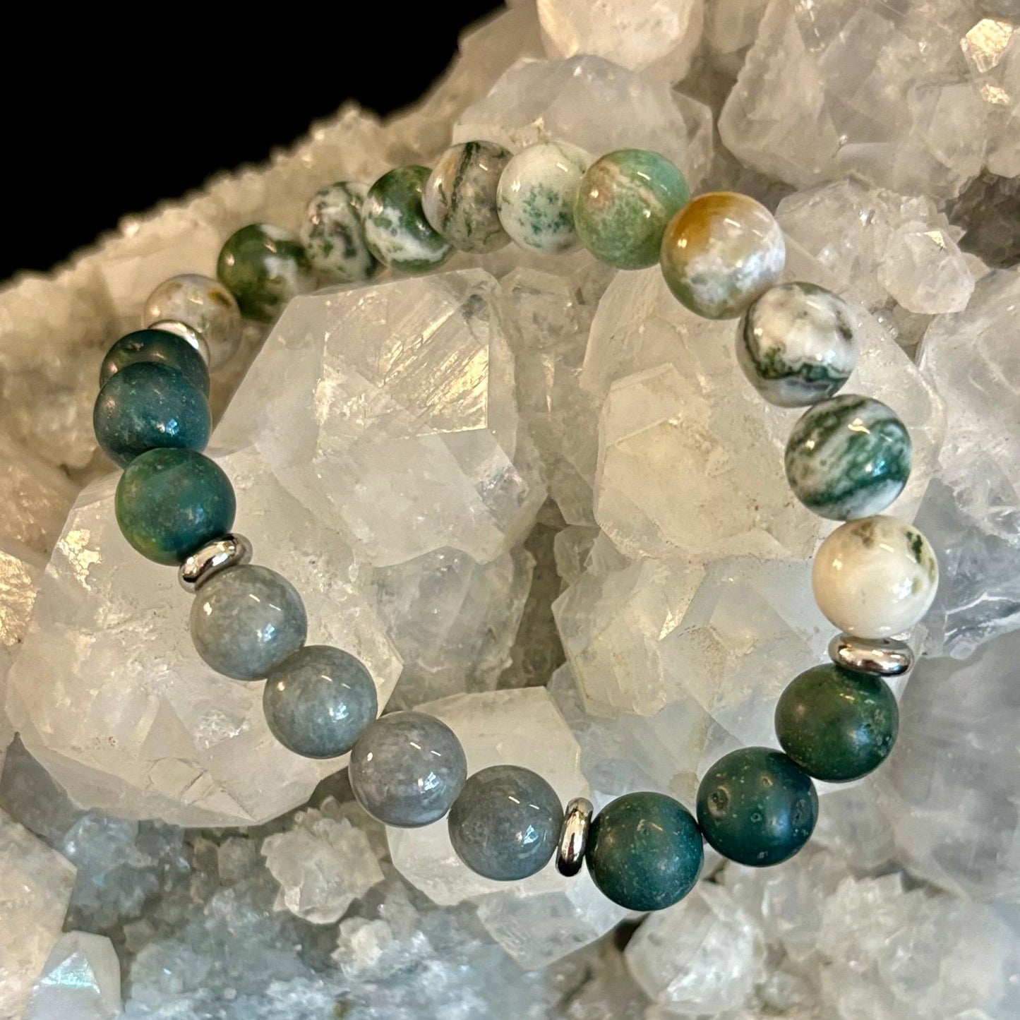 Pulsera de Ágata Árbol, Ágata Musgo y Jade Birmano – Energía Enraizada y Nuevos Comienzos