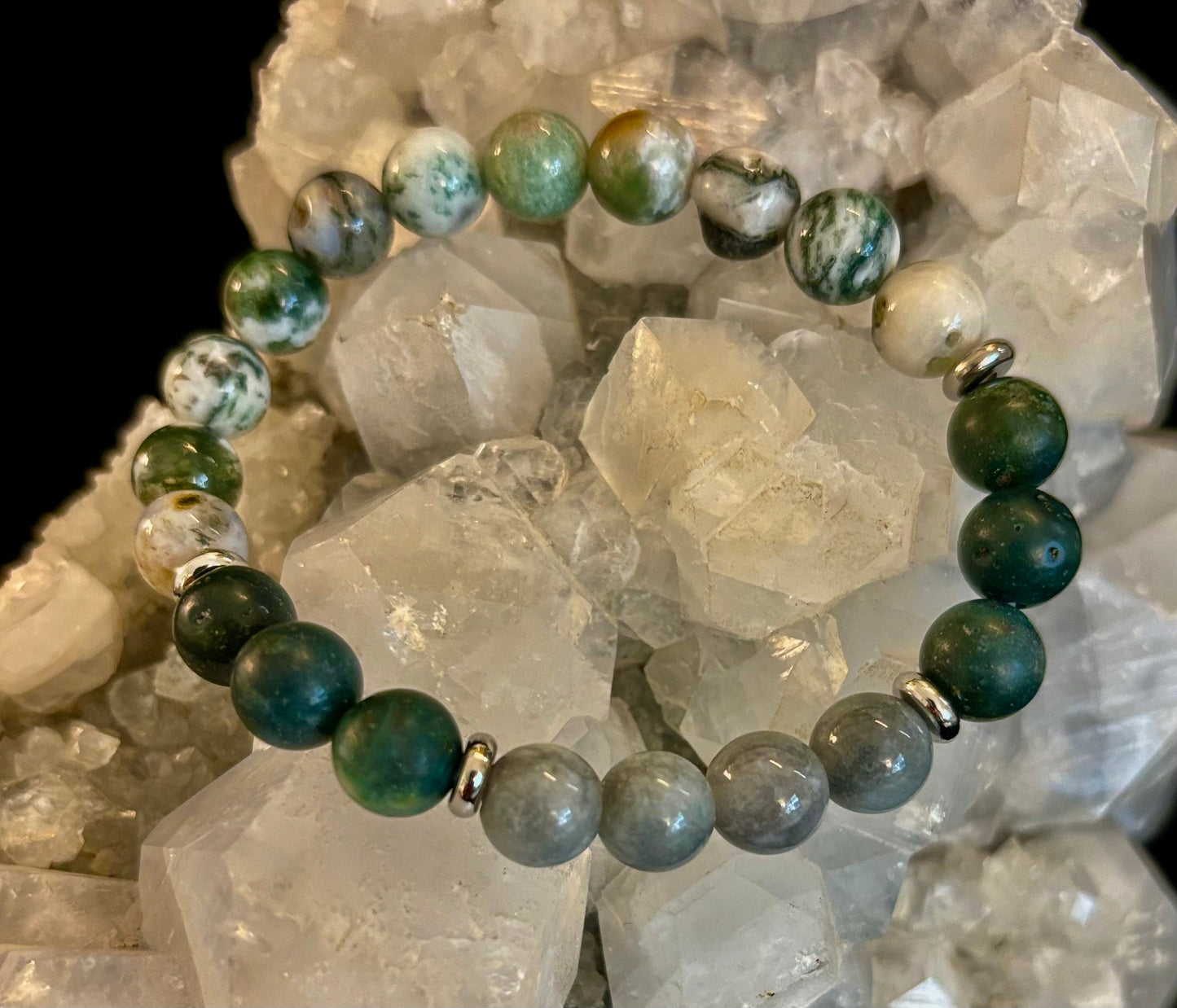 Pulsera de Ágata Árbol, Ágata Musgo y Jade Birmano – Energía Enraizada y Nuevos Comienzos