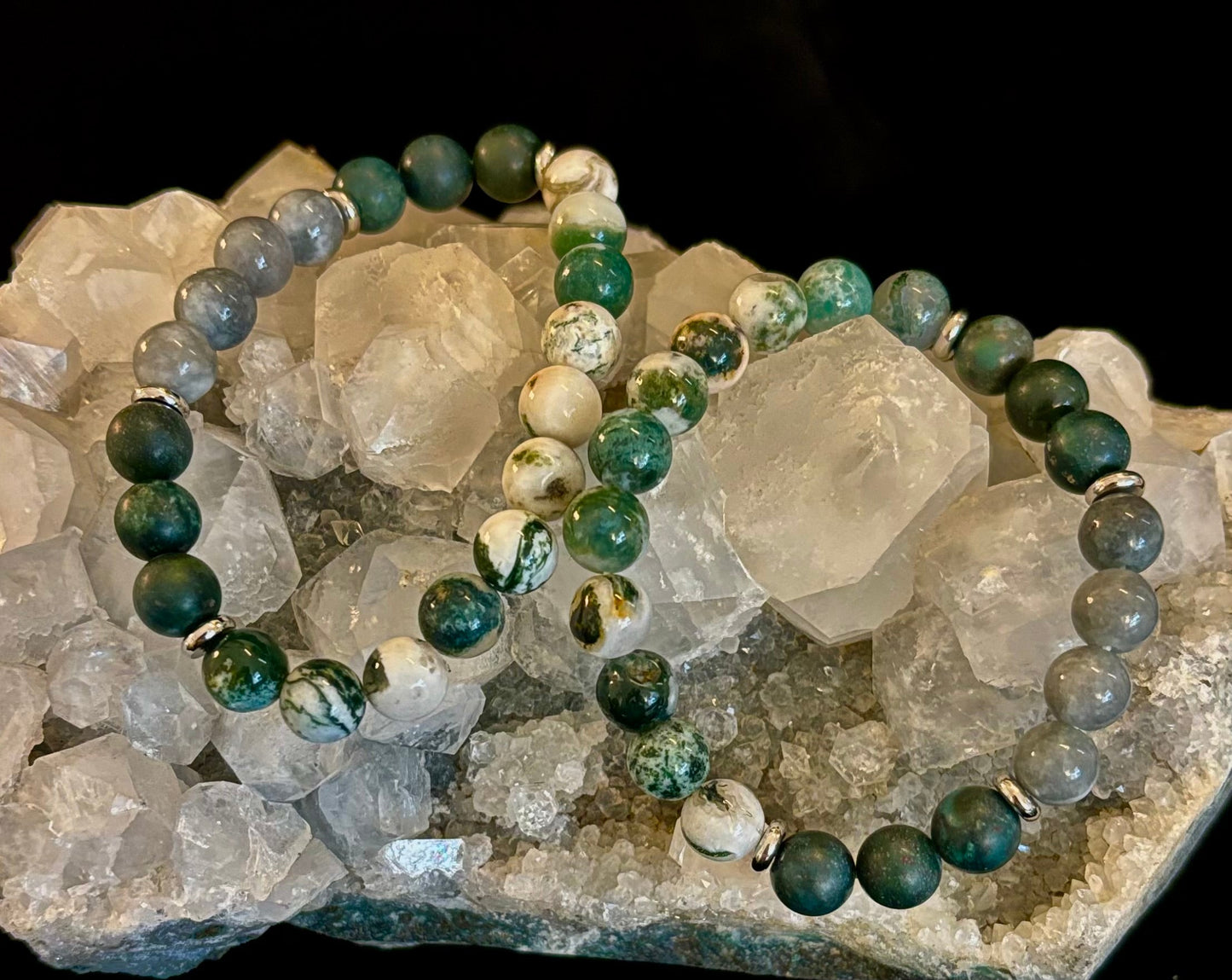 Pulsera de Ágata Árbol, Ágata Musgo y Jade Birmano – Energía Enraizada y Nuevos Comienzos