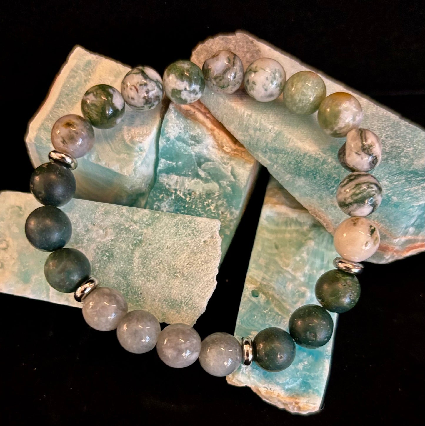 Pulsera de Ágata Árbol, Ágata Musgo y Jade Birmano – Energía Enraizada y Nuevos Comienzos