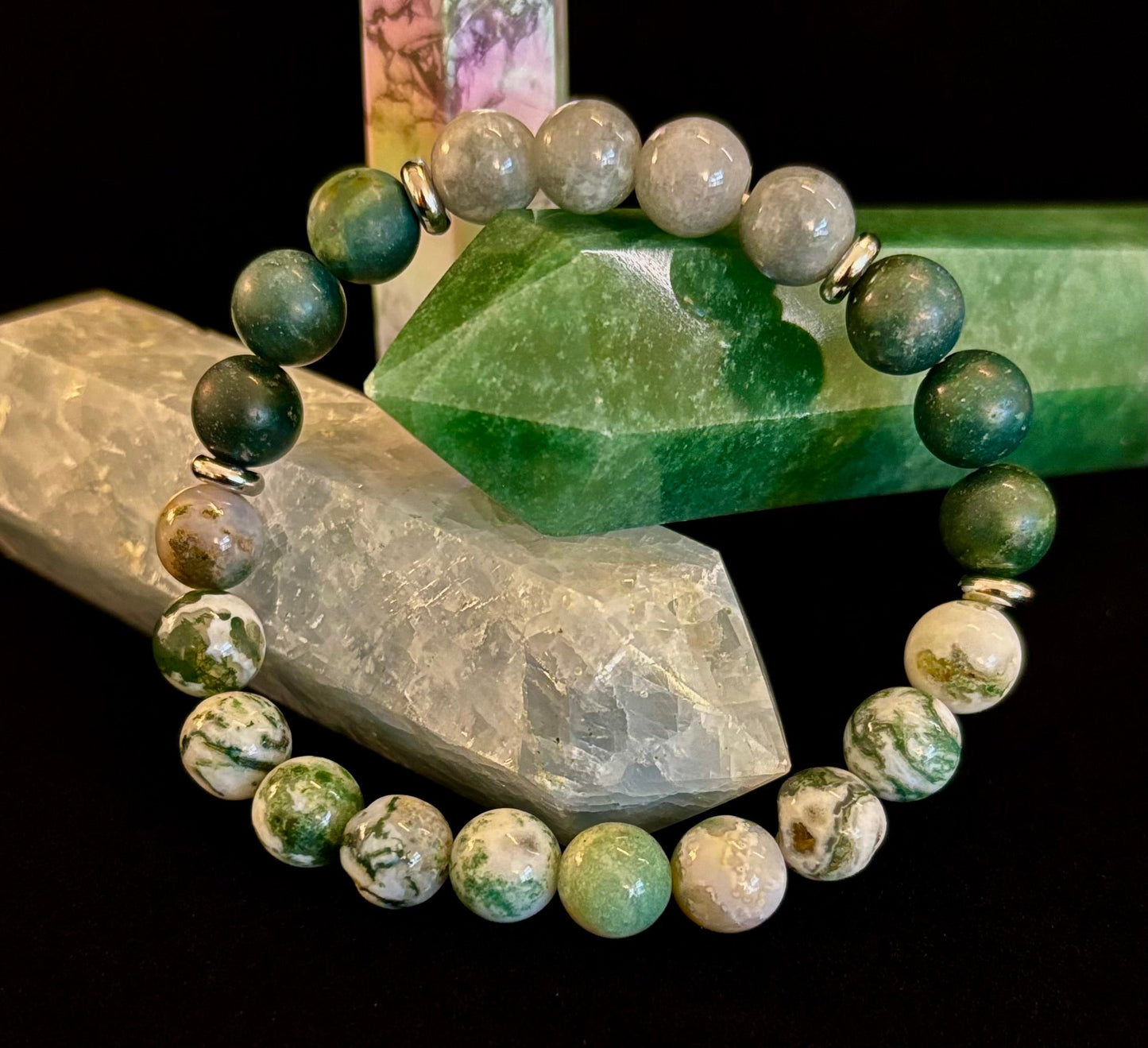 Pulsera de Ágata Árbol, Ágata Musgo y Jade Birmano – Energía Enraizada y Nuevos Comienzos