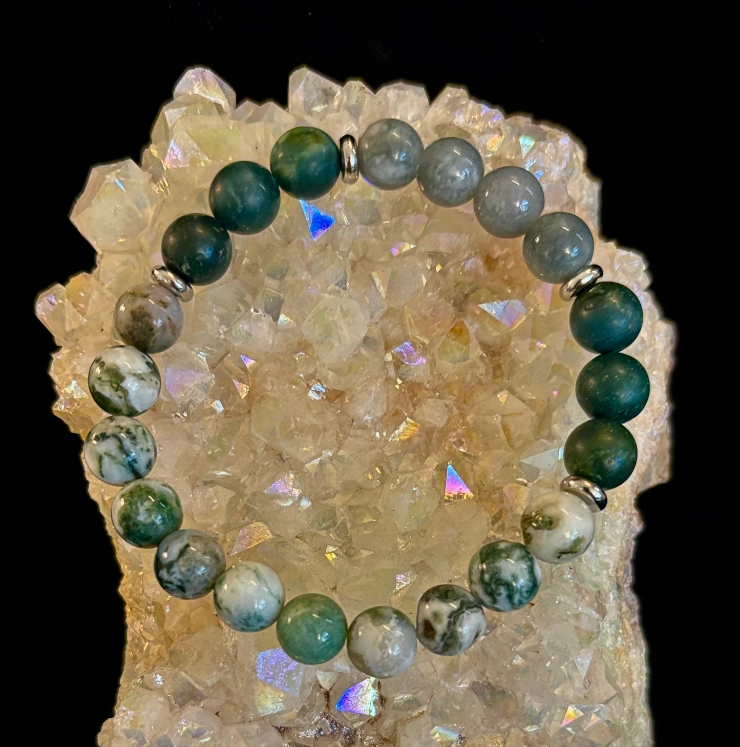 Pulsera de Ágata Árbol, Ágata Musgo y Jade Birmano – Energía Enraizada y Nuevos Comienzos