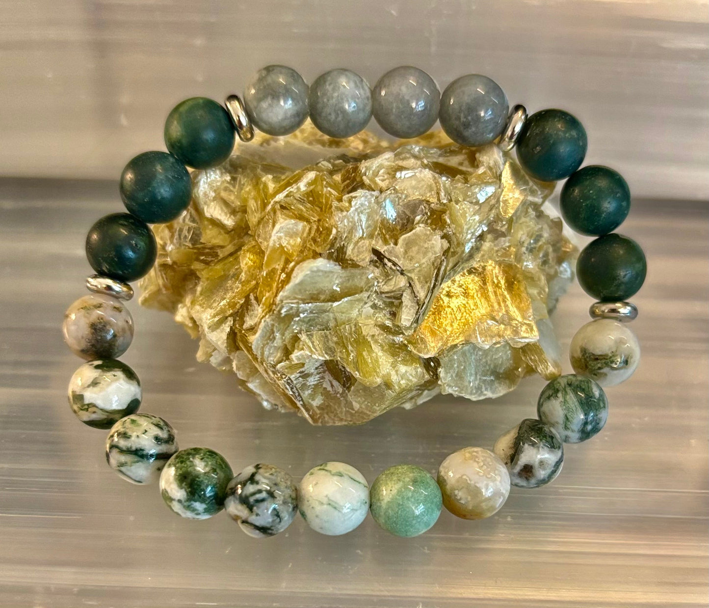 Pulsera de Ágata Árbol, Ágata Musgo y Jade Birmano – Energía Enraizada y Nuevos Comienzos
