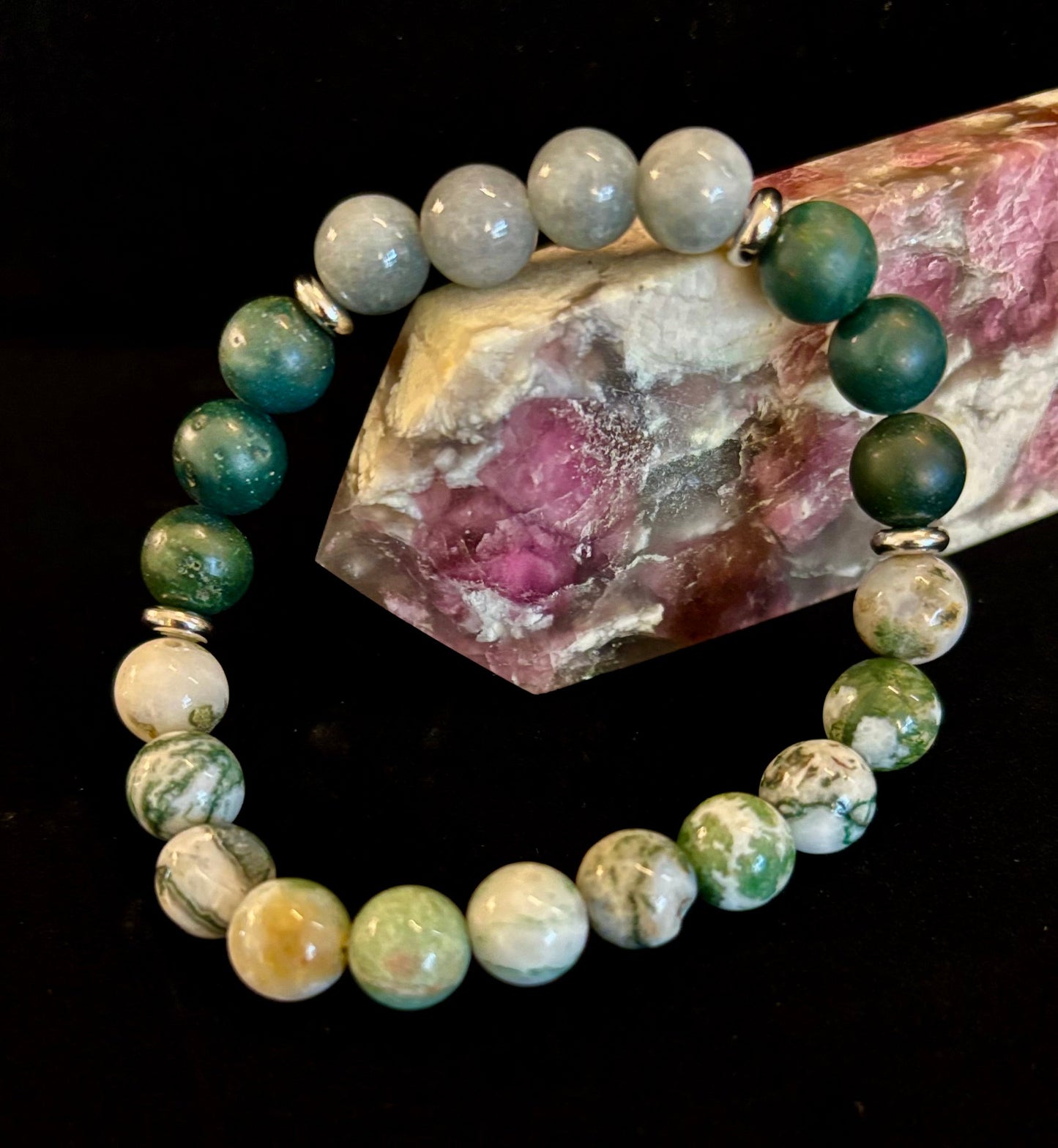 Pulsera de Ágata Árbol, Ágata Musgo y Jade Birmano – Energía Enraizada y Nuevos Comienzos