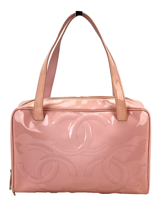 Chanel Triple CC Logo Medium Pink Patent Leather Tote Shoulder Bag Pre owned