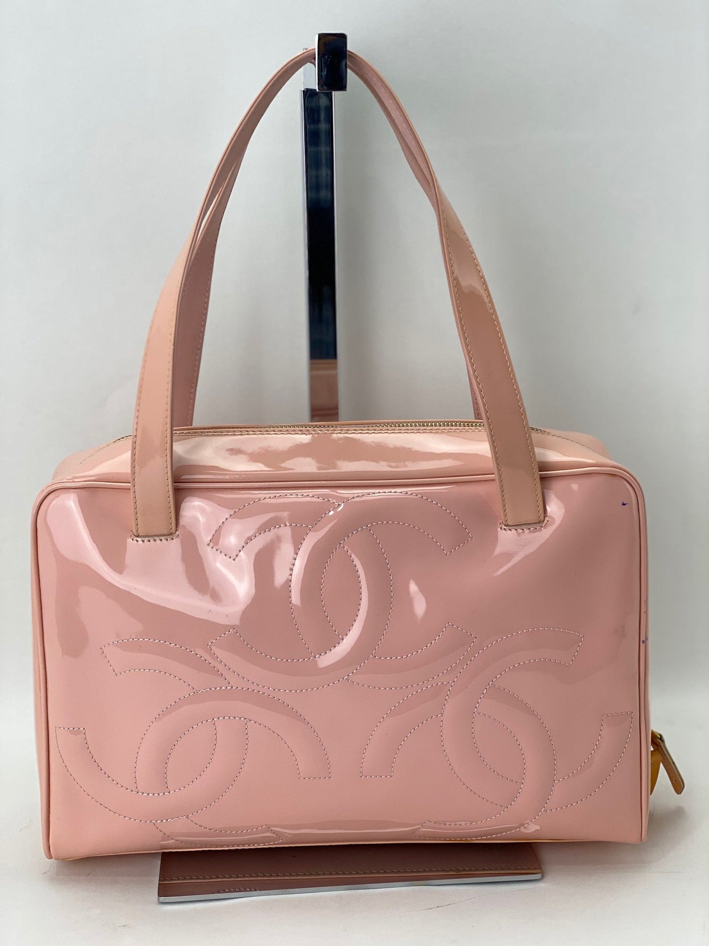 Chanel Triple CC Logo Medium Pink Patent Leather Tote Shoulder Bag Pre owned