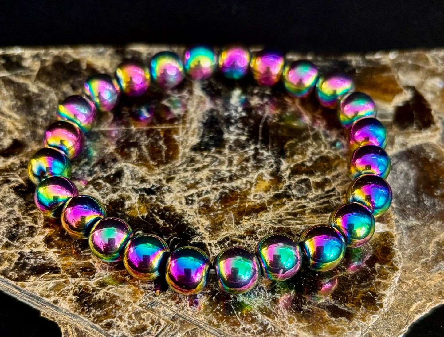 Pulsera de Hematita Arcoíris con Cuentas Redondas – Orgullo y Fuerza LGBTQ para Muñecas Medianas o Grandes
