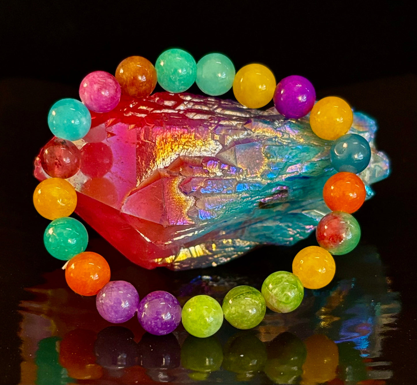 Pulsera elástica de jade multicolor arcoíris para niños – 16cm | Energía vibrante y protección suave