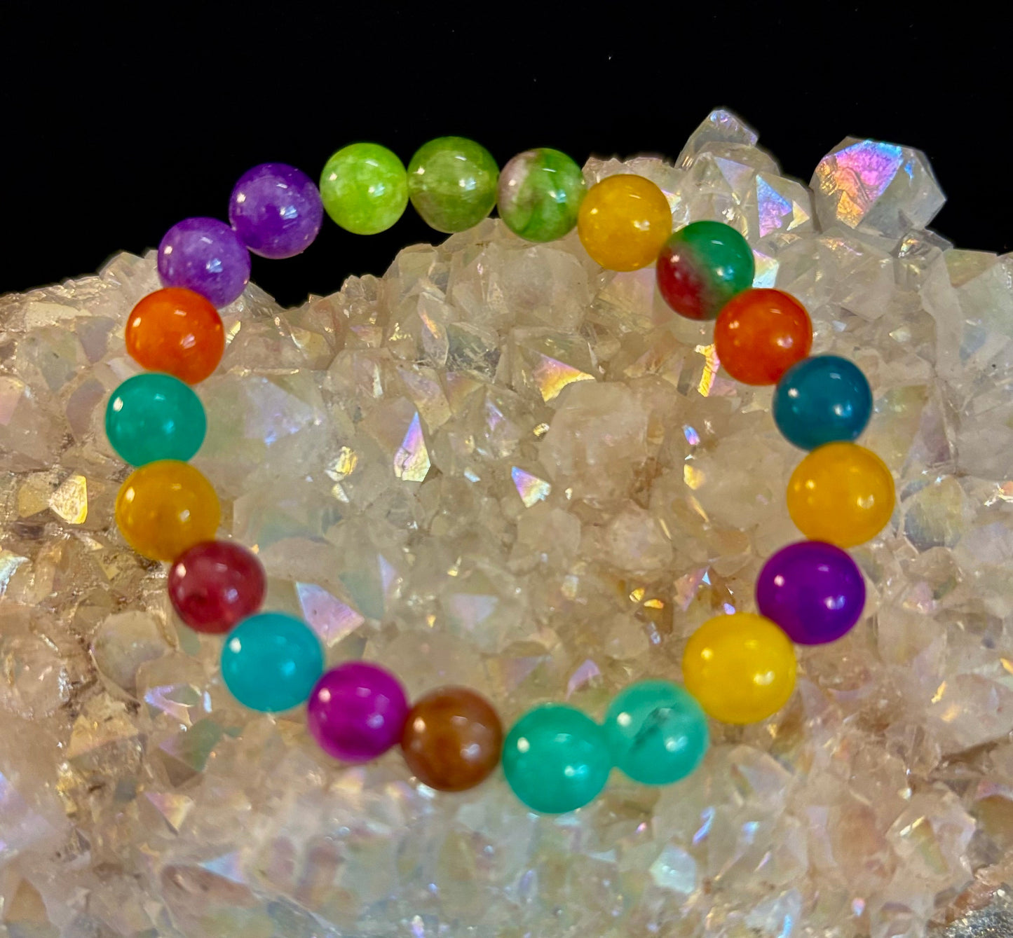 Pulsera elástica de jade multicolor arcoíris para niños – 16cm | Energía vibrante y protección suave