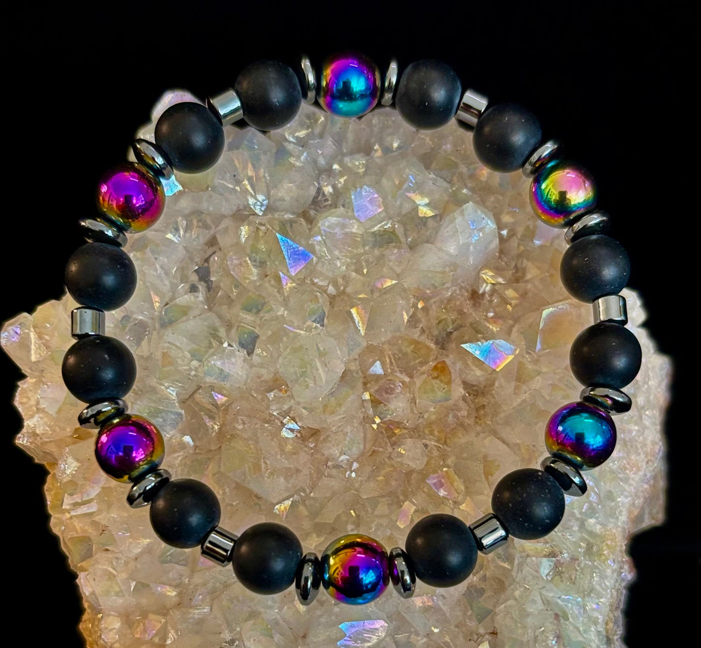 Pulsera elástica unisex de hematita y piedra natural – Ajuste mediano, estilo fusión elegante