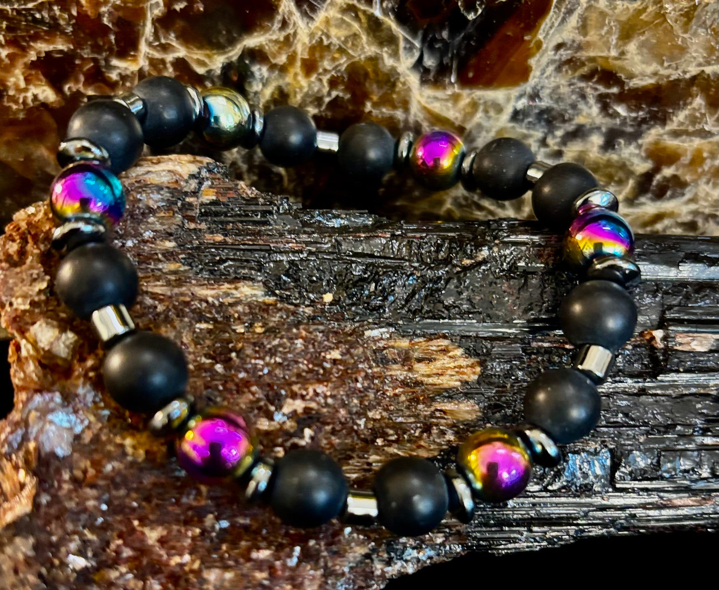 Pulsera elástica unisex de hematita y piedra natural – Ajuste mediano, estilo fusión elegante