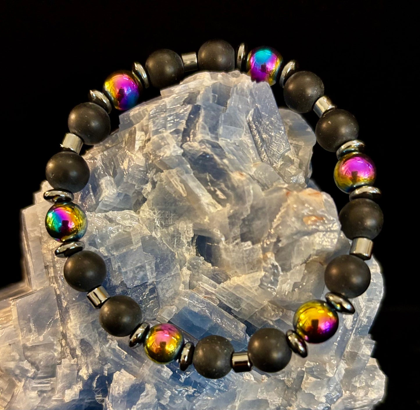 Pulsera elástica unisex de hematita y piedra natural – Ajuste mediano, estilo fusión elegante