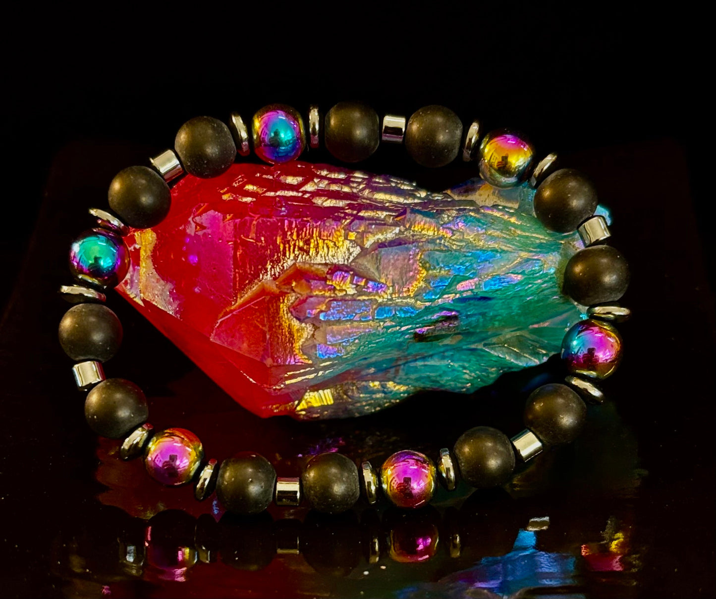 Pulsera elástica unisex de hematita y piedra natural – Ajuste mediano, estilo fusión elegante