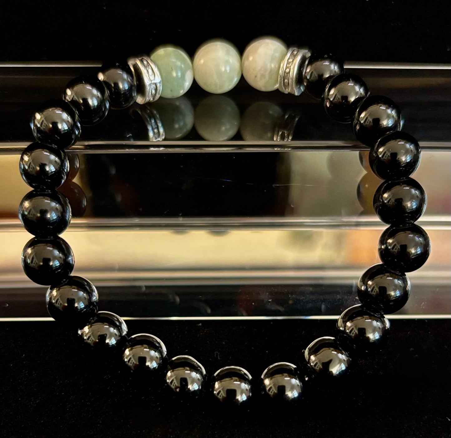 Pulsera Elástica Unisex de Piedra Natural Verde Grisácea Blanquecina – Muñecas Medianas