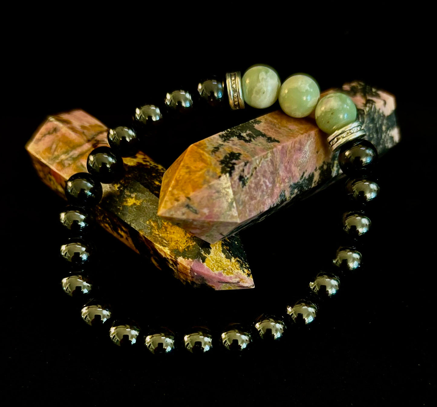 Pulsera Elástica Unisex de Piedra Natural Verde Grisácea Blanquecina – Muñecas Medianas