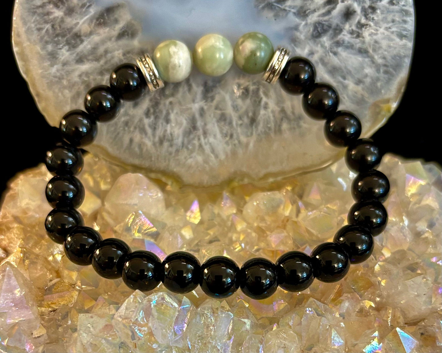 Pulsera Elástica Unisex de Piedra Natural Verde Grisácea Blanquecina – Muñecas Medianas