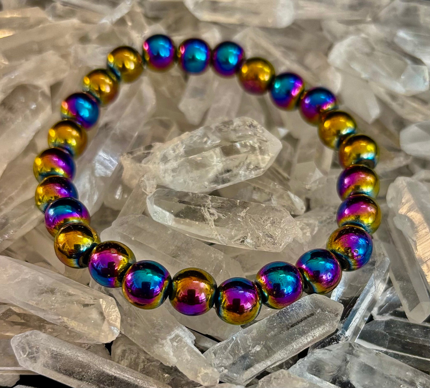 Pulsera de Hematita Arcoíris con Cuentas Redondas – Orgullo y Fuerza LGBTQ para Muñecas Medianas o Grandes
