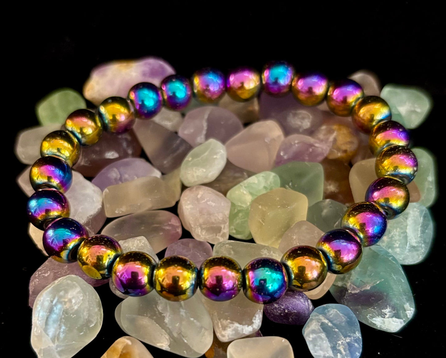Pulsera de Hematita Arcoíris con Cuentas Redondas – Orgullo y Fuerza LGBTQ para Muñecas Medianas o Grandes
