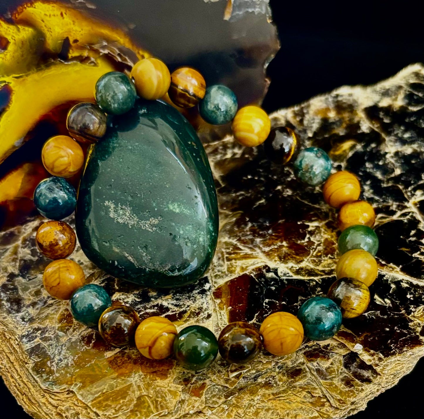 Pulsera de Ágata Musgosa, Ojo de Tigre Amarillo y Jaspe de Madera – Cuentas de 8mm para Muñecas Grandes