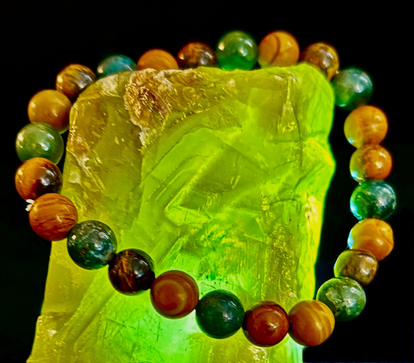 Pulsera de Ágata Musgosa, Ojo de Tigre Amarillo y Jaspe de Madera – Cuentas de 8mm para Muñecas Grandes