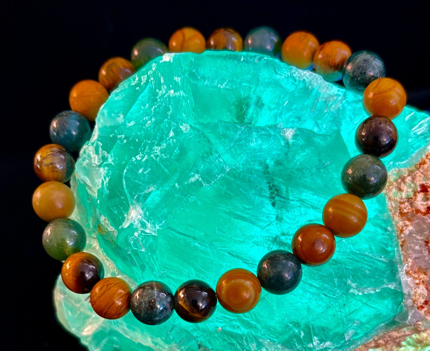 Pulsera de Ágata Musgosa, Ojo de Tigre Amarillo y Jaspe de Madera – Cuentas de 8mm para Muñecas Grandes