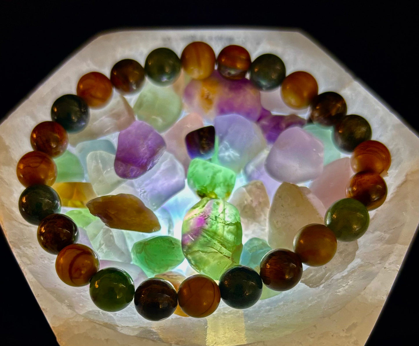 Pulsera de Ágata Musgosa, Ojo de Tigre Amarillo y Jaspe de Madera – Cuentas de 8mm para Muñecas Grandes